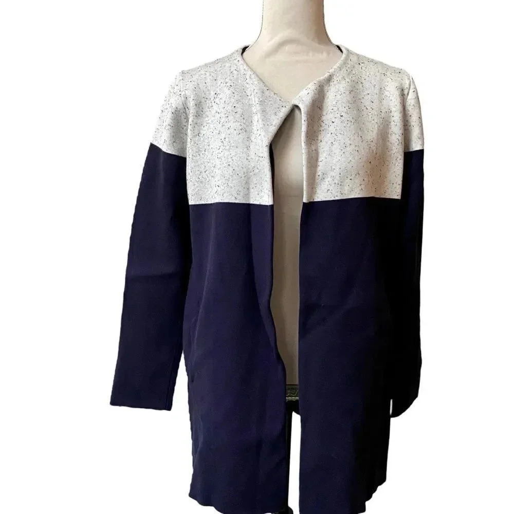 Ann Taylor Small Navy White Colorblock Coatigan Open Front Cardigan - Picture 3 of 16